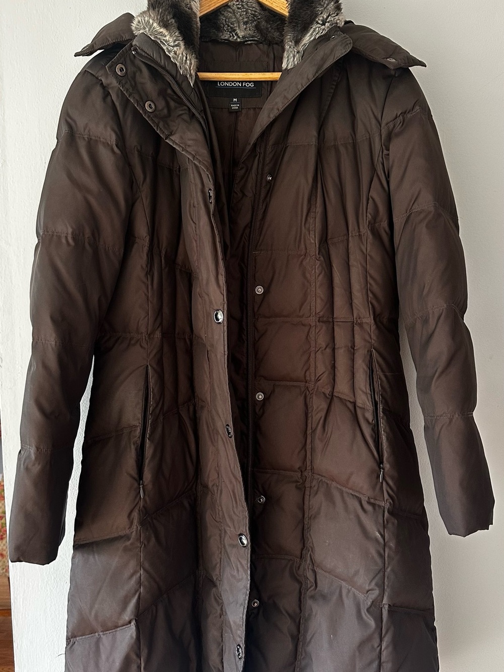 London Fog Dark Brown Long Quilted Puffer Coat with Faux Fur Trim